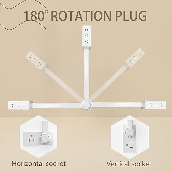 USB-A, USB-C, and 2 AC Outlets, 180° Rotating Power Socket Extender