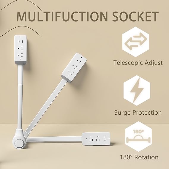 USB-A, USB-C, and 2 AC Outlets, 180° Rotating Power Socket Extender