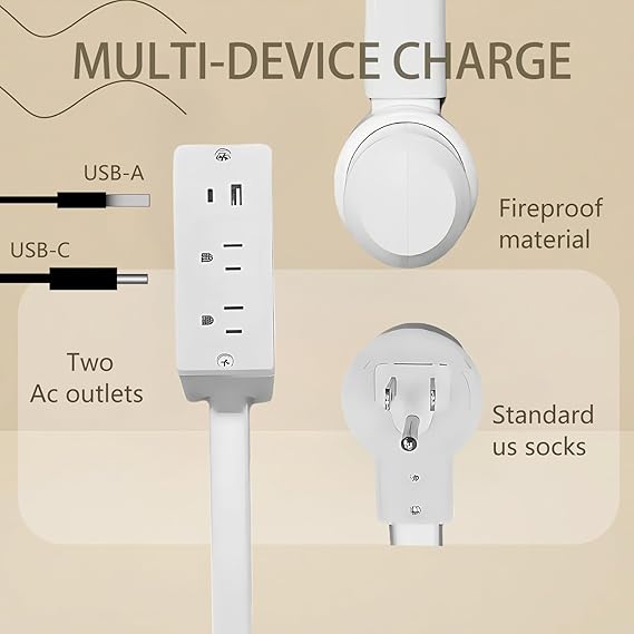 USB-A, USB-C, and 2 AC Outlets, 180° Rotating Power Socket Extender