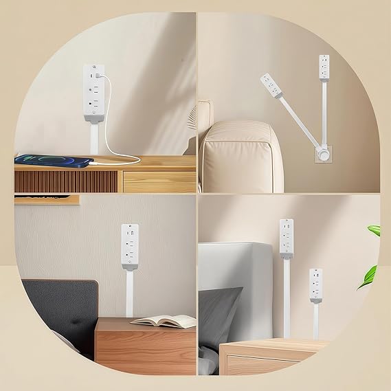 USB-A, USB-C, and 2 AC Outlets, 180° Rotating Power Socket Extender