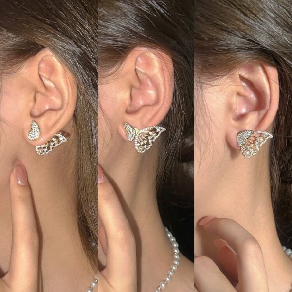 Korean Zircon And Pearl Butterfly Earrings