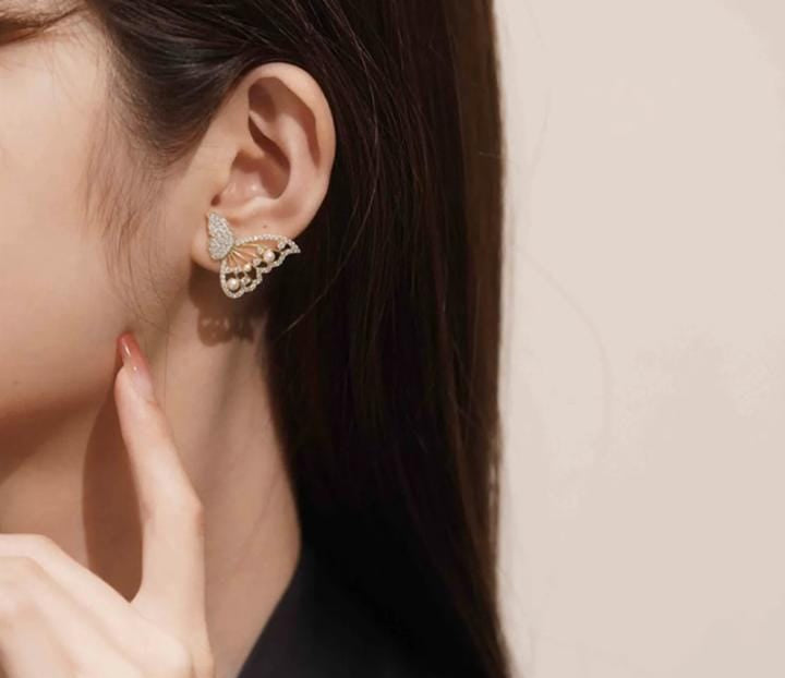 Korean Zircon And Pearl Butterfly Earrings